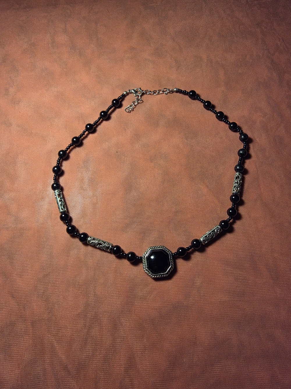Black Bead and Silver Accent Necklace - Elegant Women's Jewelry